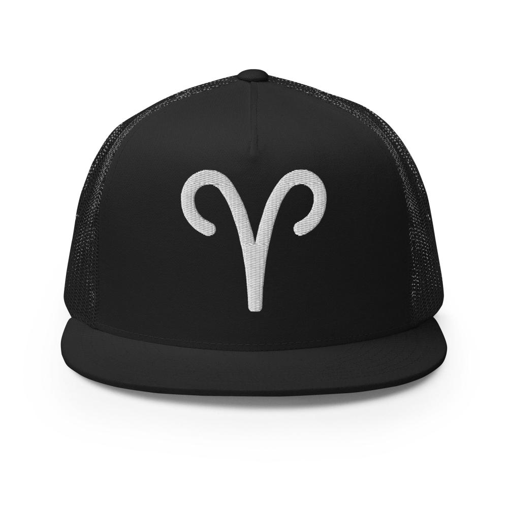 Aries Zodiac Embroidered Flat Bill Trucker Hat - Black Color - https://ascensionemporium.net